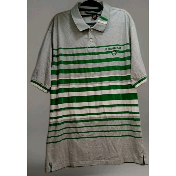Vintage Y2K Rocawear 2XL Gray Green Stripe Polo Shirt Hip Hop Streetwear - Picture 1 of 8